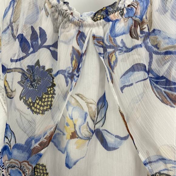 WHITE HOUSE BLACK MARKET White Blue Floral Off-Shoulder Beaded Boho Top Size XXS - Picture 9 of 16